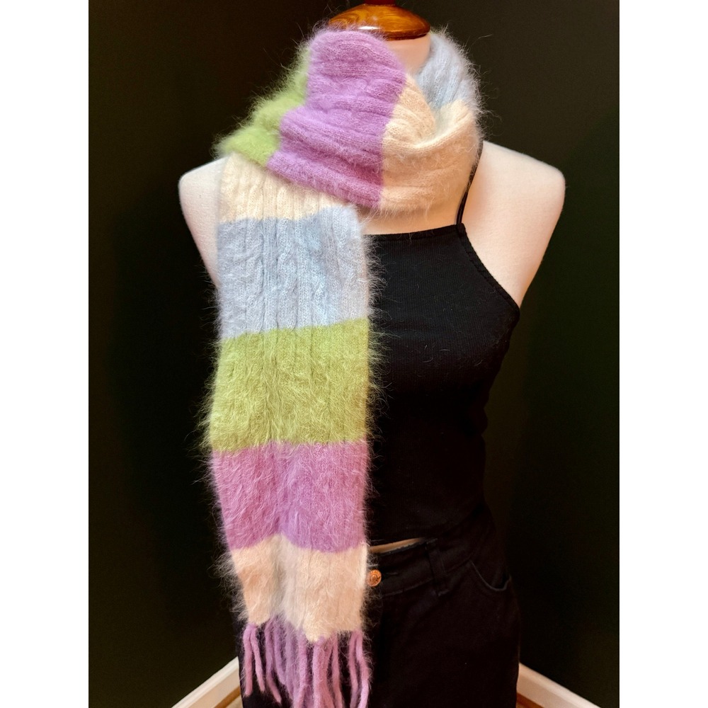 Cozy Angora Rabbit Hair Blend Striped Scarf with Fringe‎